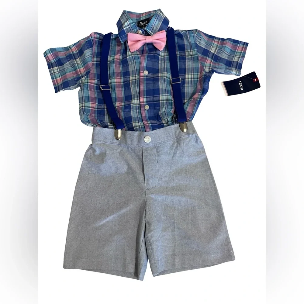 NEW‼️Toddler Boy IZOD 4 Piece Suspenders Shirt Set Cotton Blend Summer F…